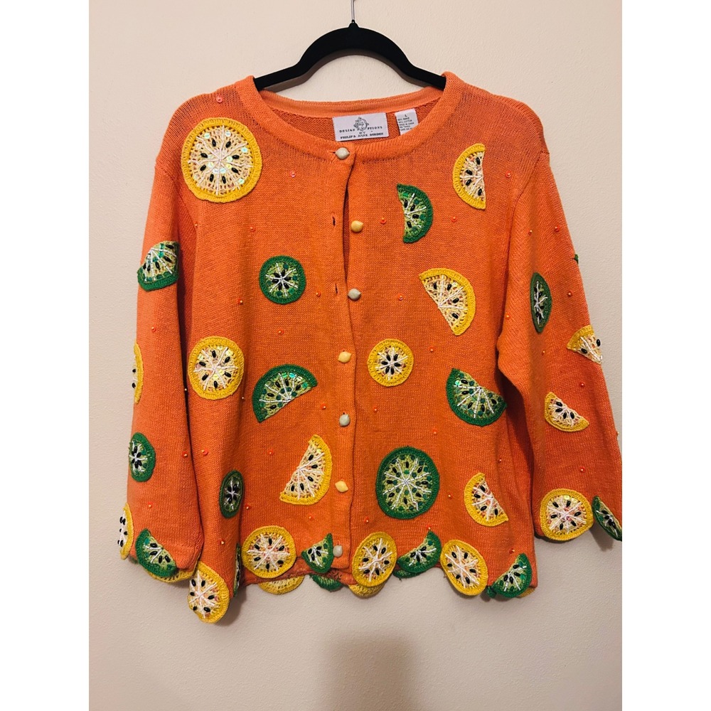 Design Options Cardigan Women Large Orange Excellent Citrus Sequin Embellished